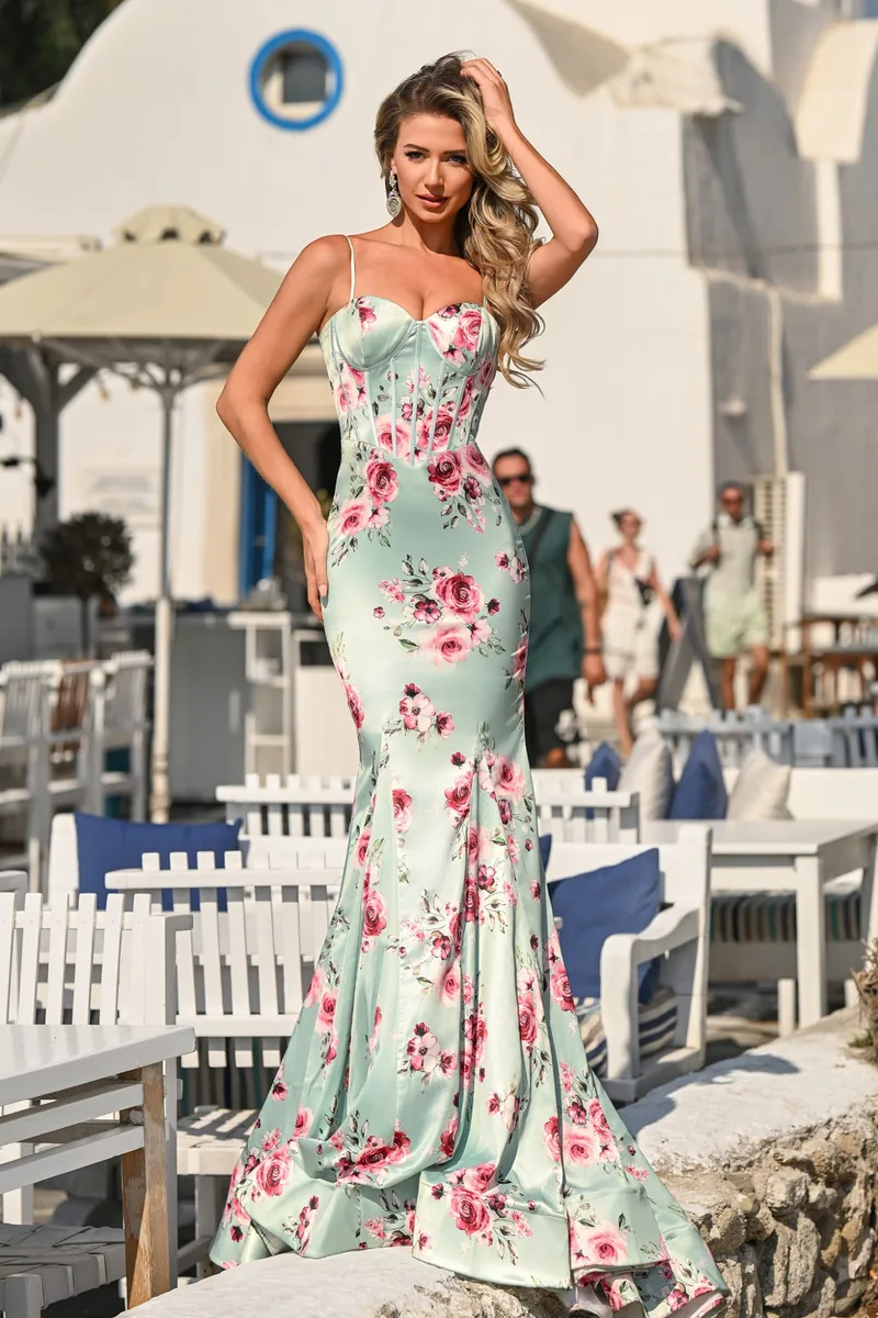 Vestido de fiesta verde menta floral Portia & Scarlett PS26000 en Belgrano