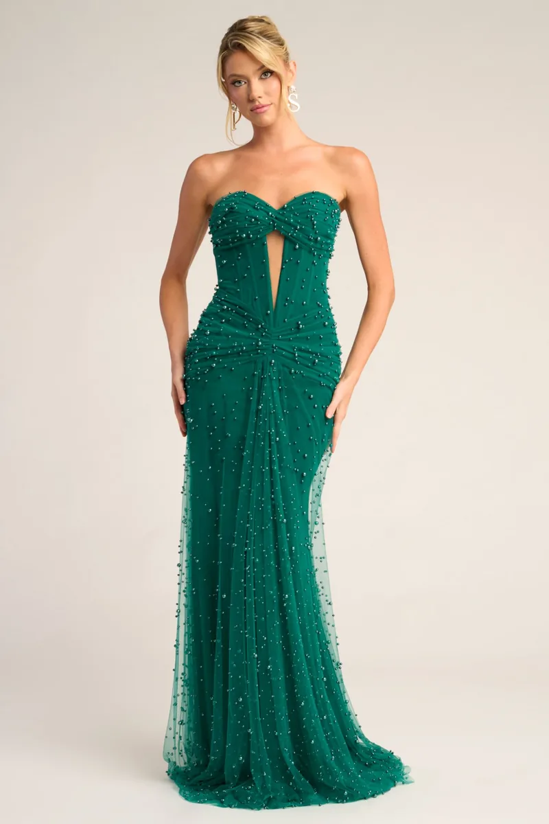 Vestido de fiesta verde esmeralda con perlas Portia & Scarlett PS26022 en Buenos Aires