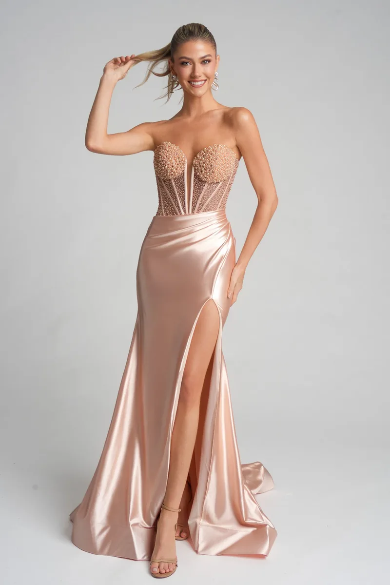 Vestido de fiesta champán con perlas Portia & Scarlett PS26039 en Buenos Aires
