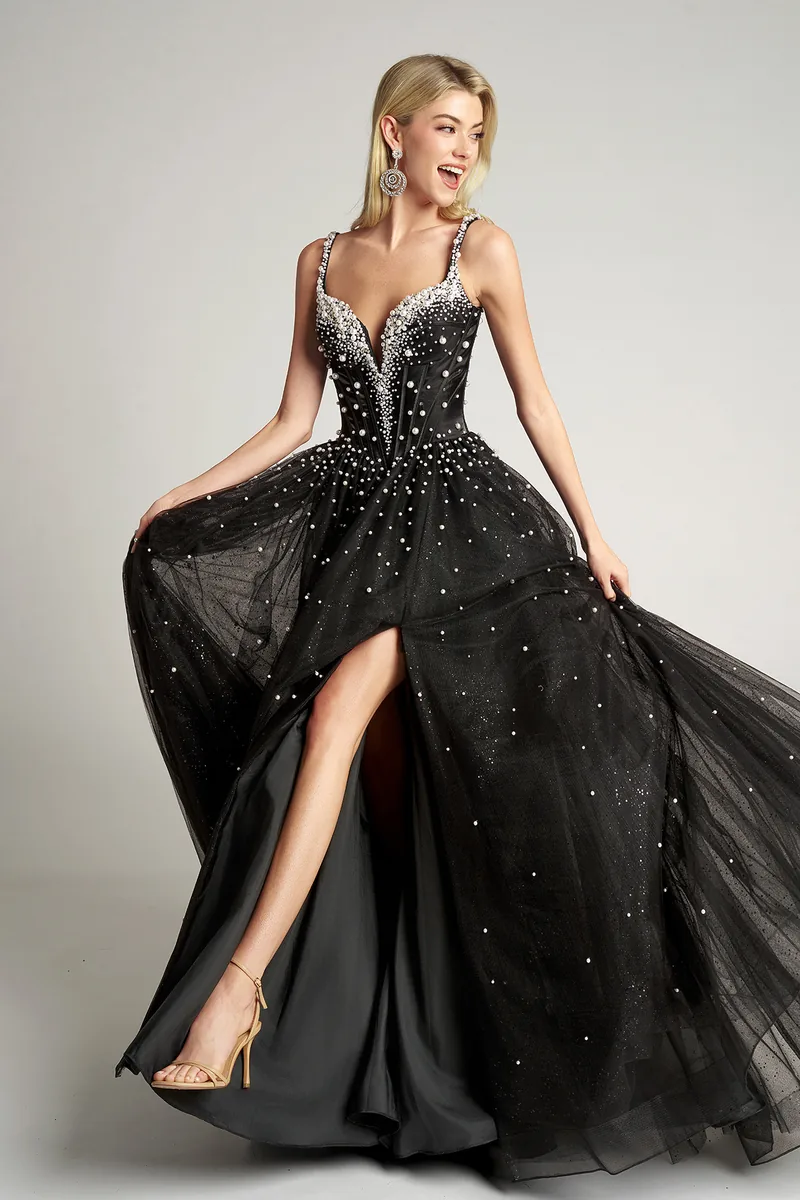 Vestido de fiesta negro sirena con bordado Portia & Scarlett PS26208 en Belgrano